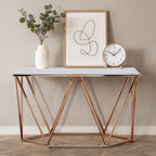 White Marble Champagne Rectangular Console Table with Rose Gold Metal Frame | Allure