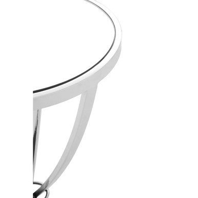 Silver Mirrored Glass Top Round Side Table with Bow-Shaped Metal Legs | Allure