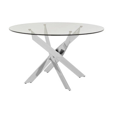 Round Clear Tempered Glass Dining Table with Intersecting Chrome Stainless Steel Legs | Allure