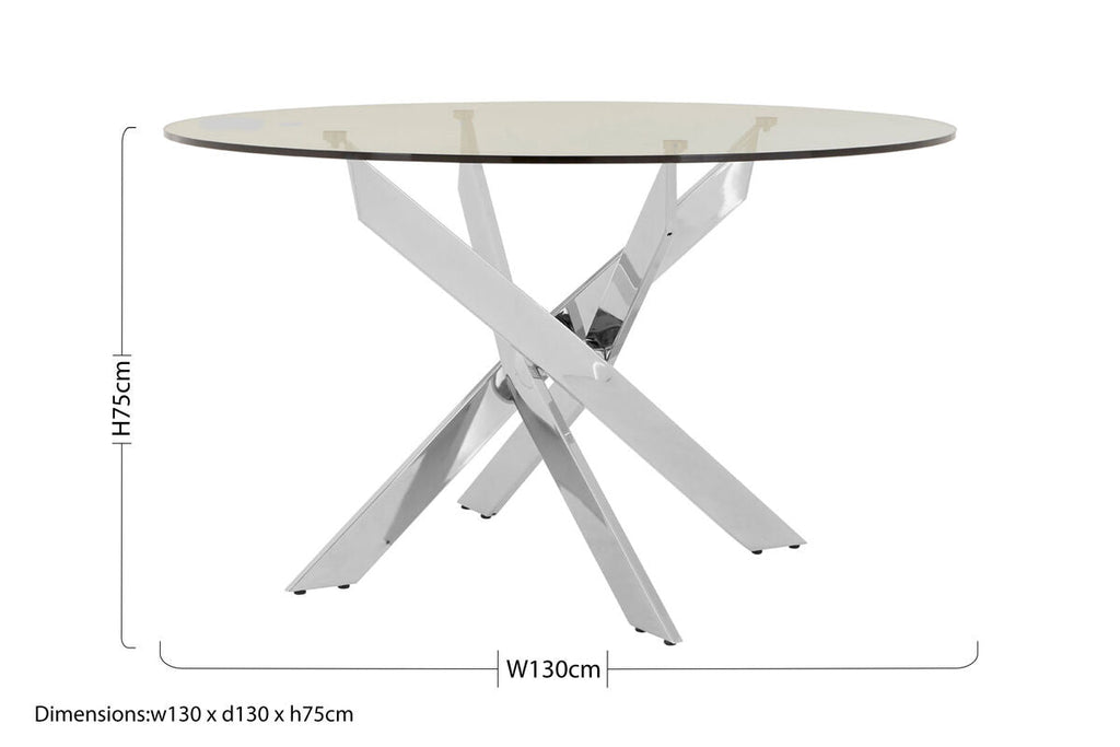 Round Clear Tempered Glass Dining Table with Intersecting Chrome Stainless Steel Legs | Allure