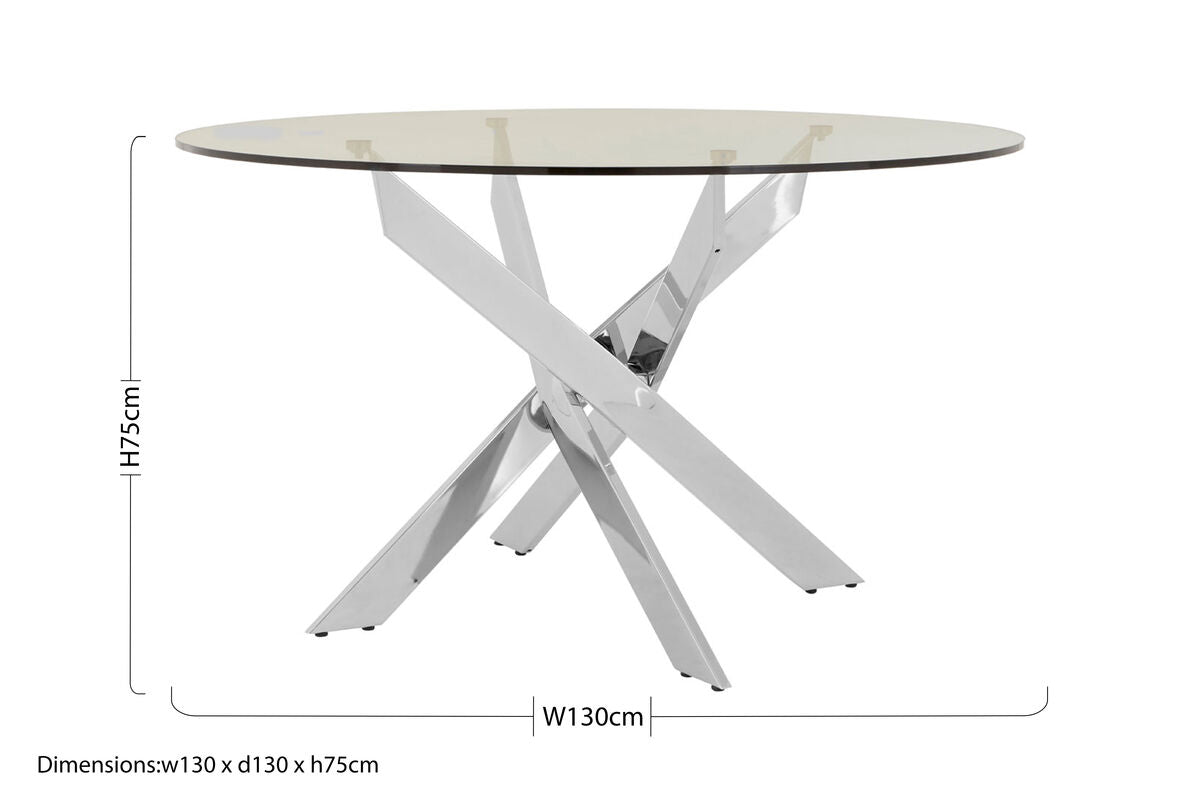 Round Clear Tempered Glass Dining Table with Intersecting Chrome Stainless Steel Legs | Allure