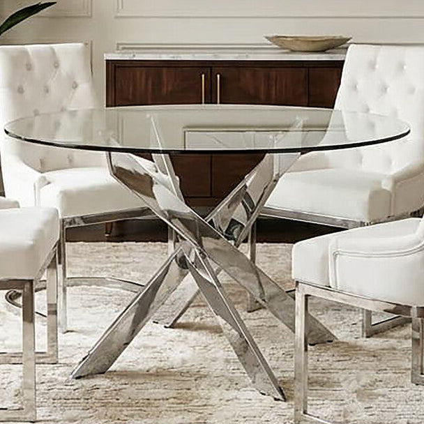 Round Clear Tempered Glass Dining Table with Intersecting Chrome Stainless Steel Legs | Allure