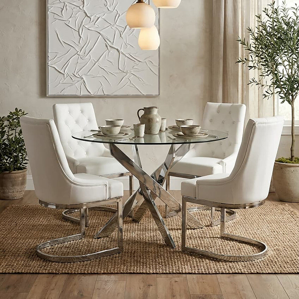 Round Clear Tempered Glass Dining Table with Intersecting Chrome Stainless Steel Legs | Allure