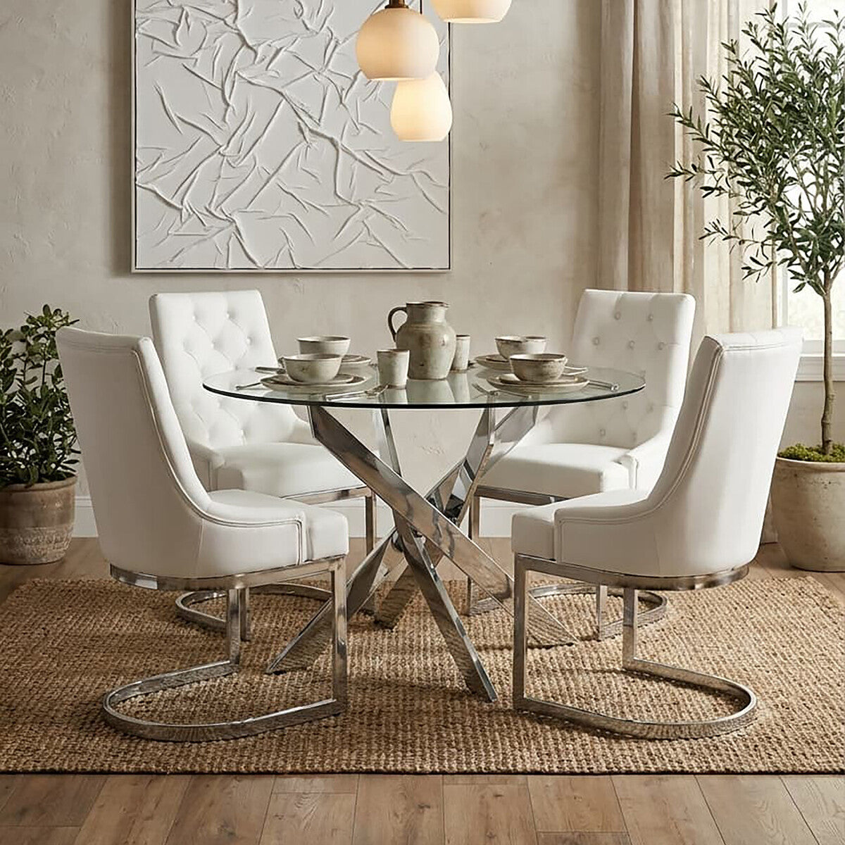 Round Clear Tempered Glass Dining Table with Intersecting Chrome Stainless Steel Legs | Allure