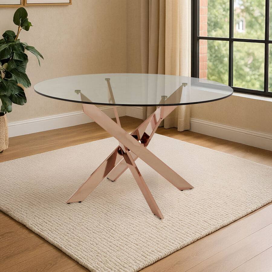 Round Tempered Glass Top Dining Table with Rose Gold Latticed Legs | Allure