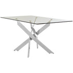 Rectangular Tempered Glass Top Dining Table with Intersecting Silver Chrome Base, Allure
