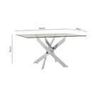 Rectangular Tempered Glass Top Dining Table with Intersecting Silver Chrome Base, Allure