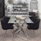 Rectangular Tempered Glass Top Dining Table with Intersecting Silver Chrome Base, Allure
