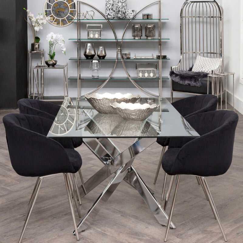 Rectangular Tempered Glass Top Dining Table with Intersecting Silver Chrome Base, Allure