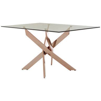 Rectangular Tempered Glass Top Dining Table with Intersecting Rose Gold Stainless Steel Base | Allure