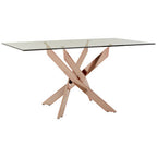 Rectangular Tempered Glass Top Dining Table with Intersecting Rose Gold Stainless Steel Base | Allure