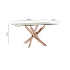 Rectangular Tempered Glass Top Dining Table with Intersecting Rose Gold Stainless Steel Base | Allure