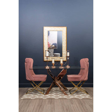 Rectangular Tempered Glass Top Dining Table with Intersecting Rose Gold Stainless Steel Base | Allure