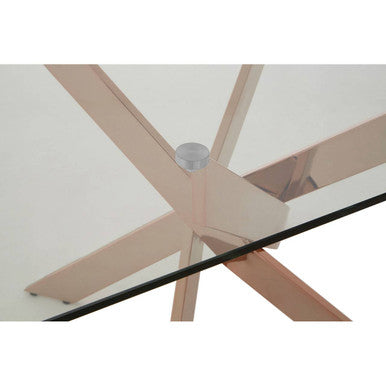 Rectangular Tempered Glass Top Dining Table with Intersecting Rose Gold Stainless Steel Base | Allure