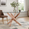 Rectangular Tempered Glass Top Dining Table with Intersecting Rose Gold Stainless Steel Base | Allure
