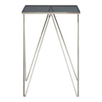 Black Square Tempered Glass Top Side Table with Polished Stainless Steel Zig-Zag Legs | Shalimar