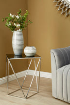 Black Square Tempered Glass Top Prism Side Table with Polished Stainless Steel Base | Shalimar