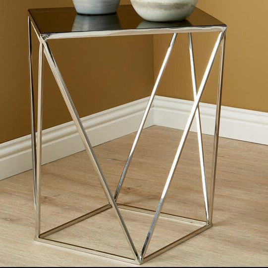 Black Square Tempered Glass Top Prism Side Table with Polished Stainless Steel Base | Shalimar