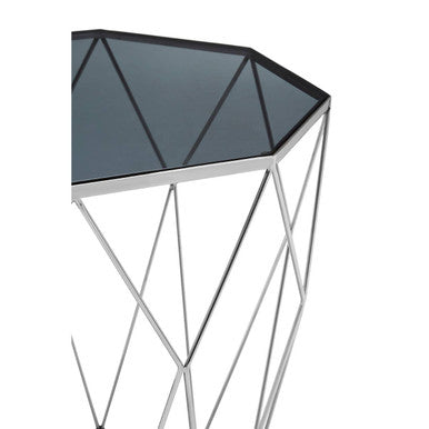 Silver Tempered Glass Top Octagonal Side Table with Stainless Steel Legs | Shalimar