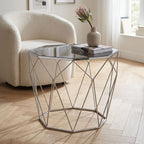 Silver Tempered Glass Top Octagonal Side Table with Stainless Steel Legs | Shalimar