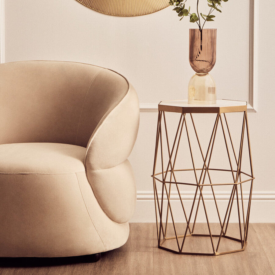 White Marble Top Octagonal Side Table with Gold Metal Open Frame | Shalimar