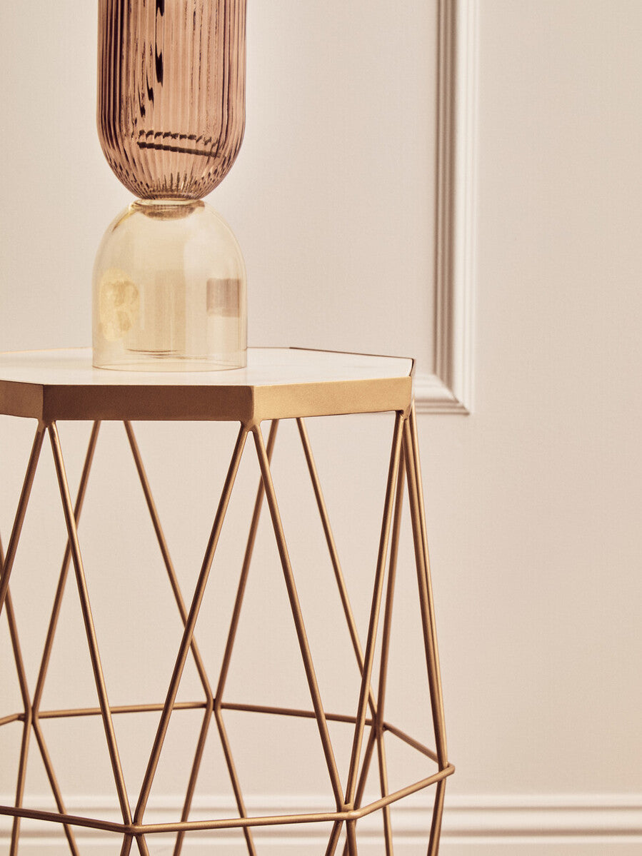 White Marble Top Octagonal Side Table with Gold Metal Open Frame | Shalimar