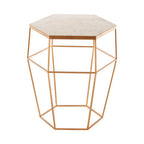 Hexagonal White Marble Top Side Table with Gold Iron Wireframe Base | Shalimar