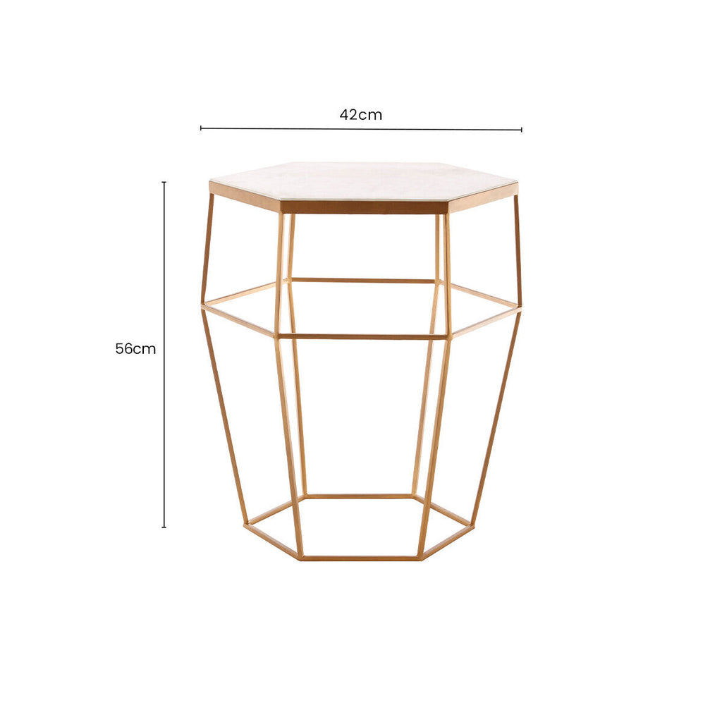 Hexagonal White Marble Top Side Table with Gold Iron Wireframe Base | Shalimar
