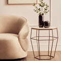 Hexagonal White Marble Top Side Table with Gold Iron Wireframe Base | Shalimar