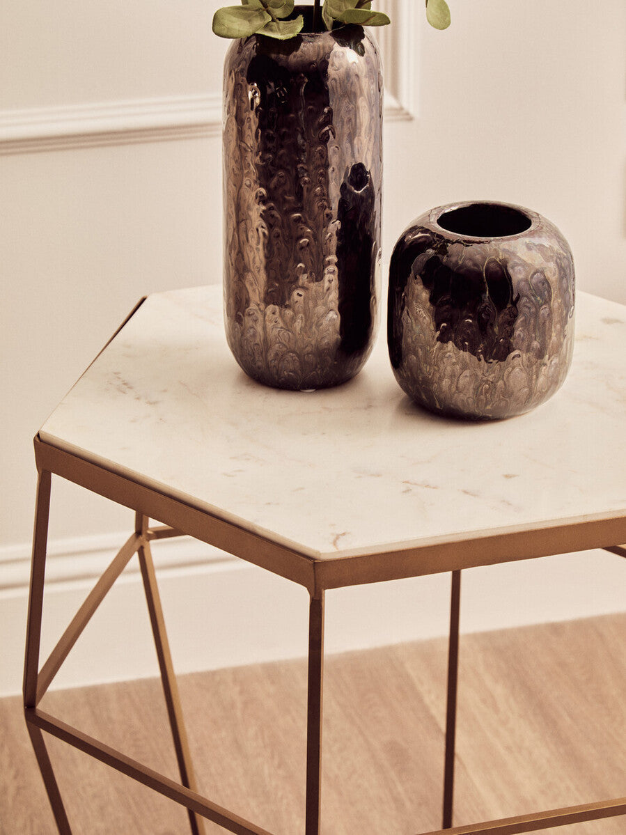 Hexagonal White Marble Top Side Table with Gold Iron Wireframe Base | Shalimar