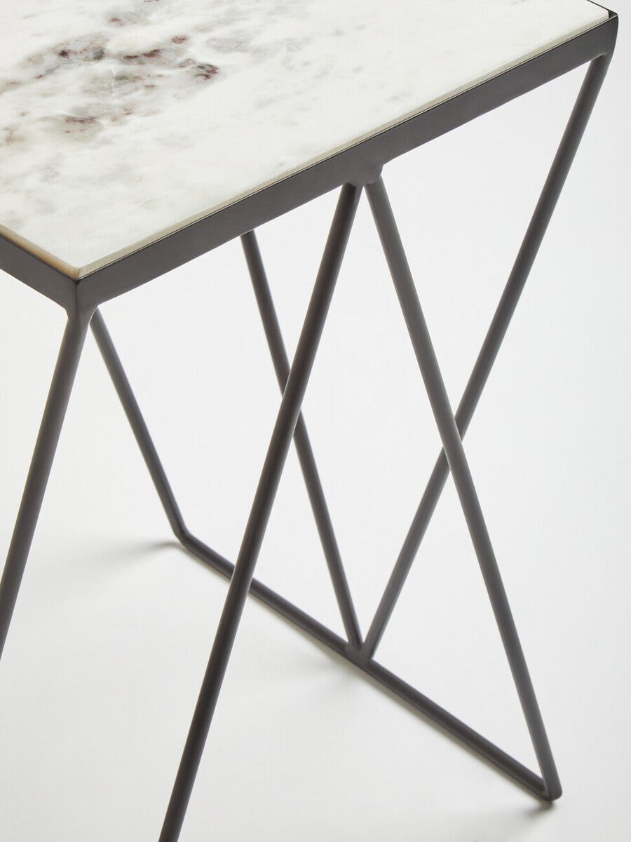 Natural Marble Top Side Table with Matte Black Iron Legs | Shalimar