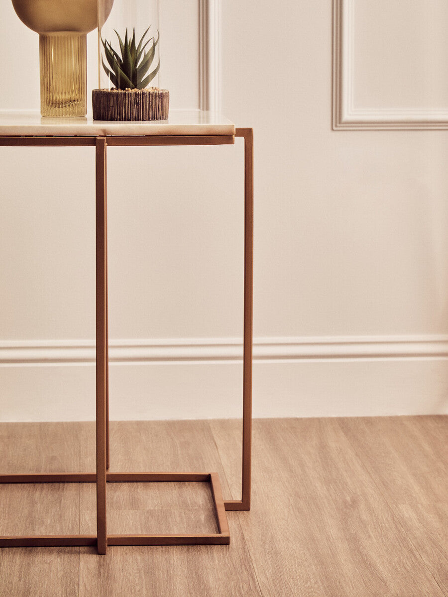 White Marble Top Side Table with Gold Finish Iron Legs | Shalimar