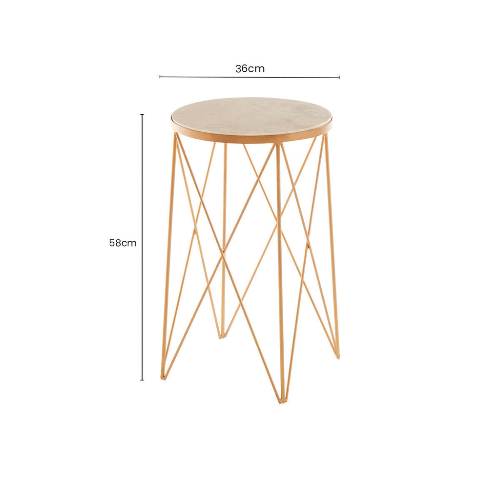 White Round Marble Top Boutique Style Side Table with Gold Latticed Legs | Shalimar