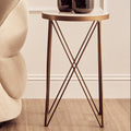 White Round Marble Top Boutique Style Side Table with Gold Latticed Legs | Shalimar