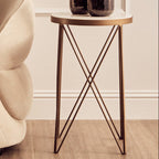 White Round Marble Top Boutique Style Side Table with Gold Latticed Legs | Shalimar