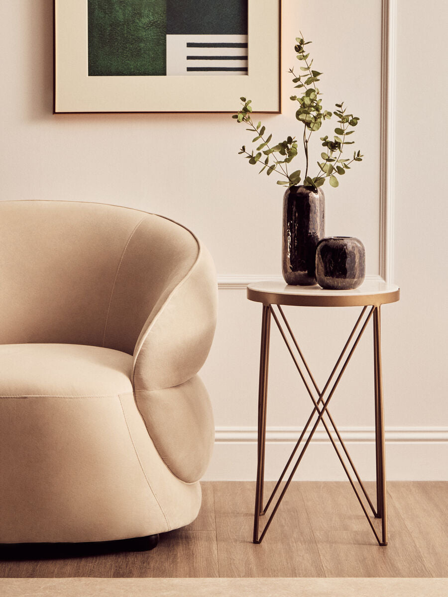 White Round Marble Top Boutique Style Side Table with Gold Latticed Legs | Shalimar