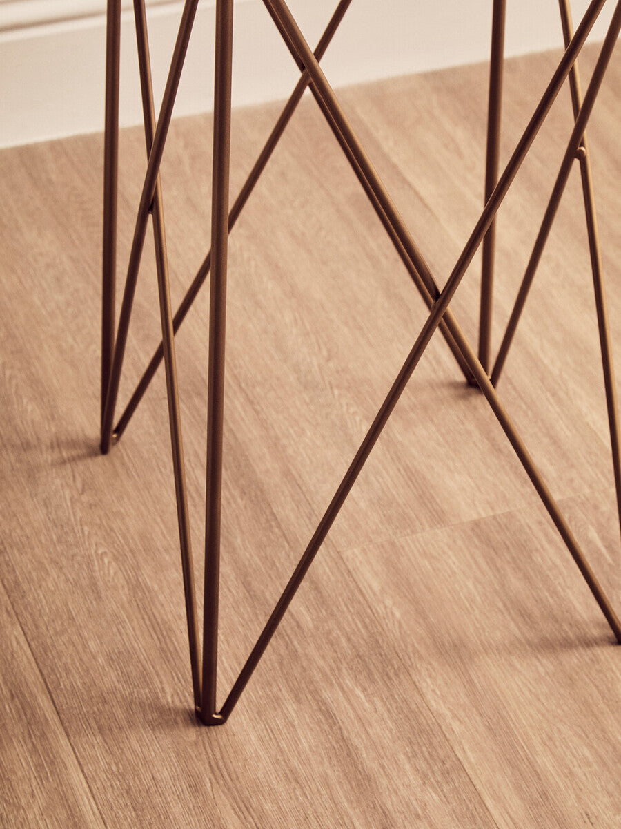 White Round Marble Top Boutique Style Side Table with Gold Latticed Legs | Shalimar