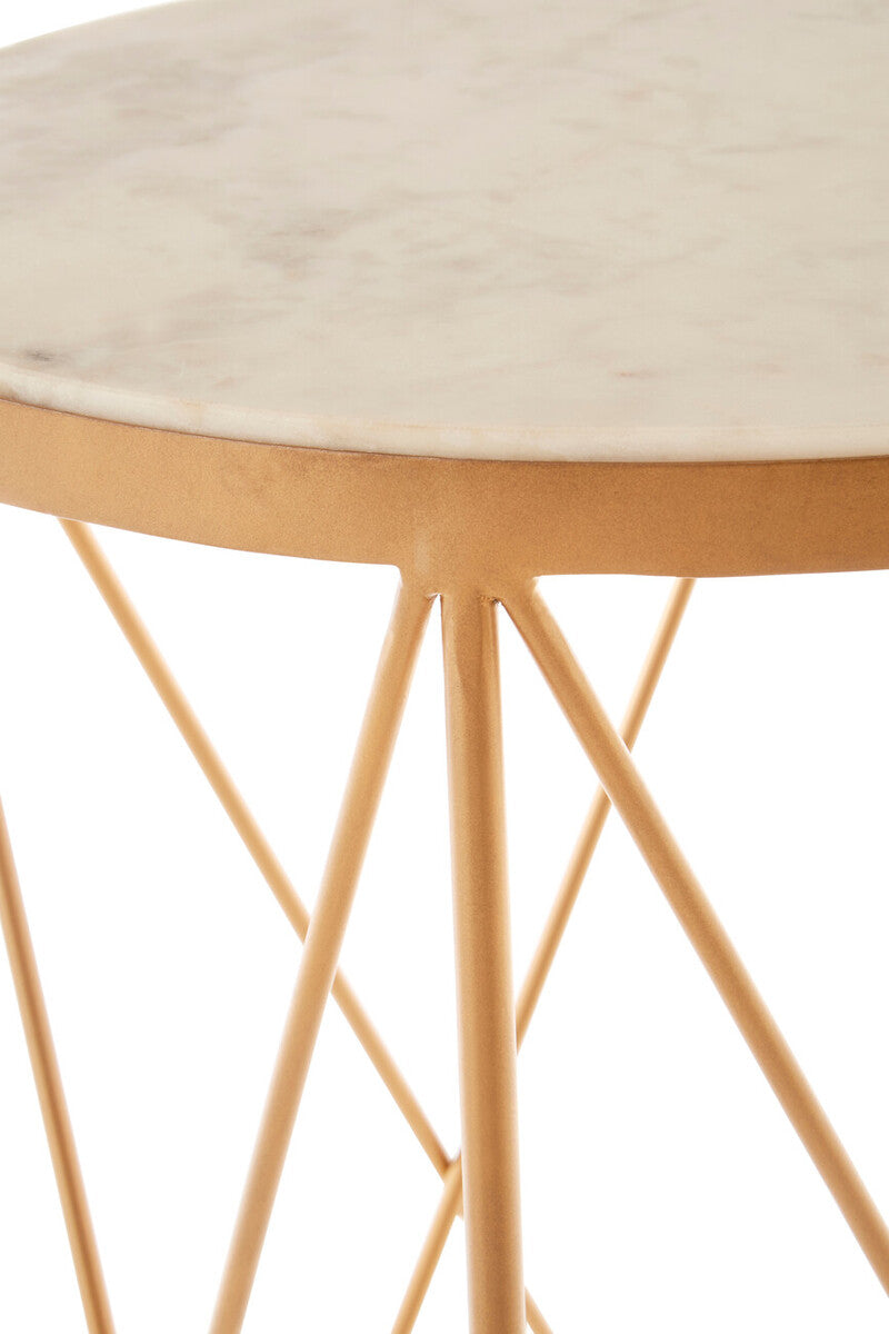 White Round Marble Top Boutique Style Side Table with Gold Latticed Legs | Shalimar