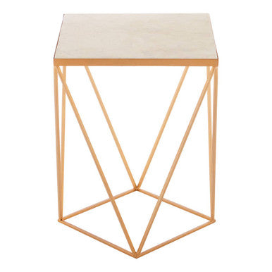 Natural Round Marble Top Side Table with Geometric Gold Metallic Base | Shalimar