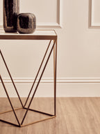 Natural Round Marble Top Side Table with Geometric Gold Metallic Base | Shalimar