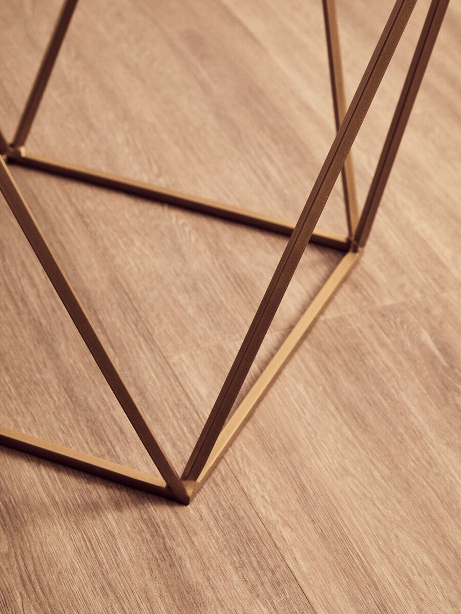 Natural Round Marble Top Side Table with Geometric Gold Metallic Base | Shalimar