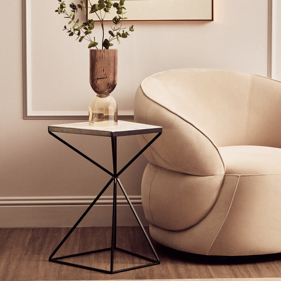 Natural Marble Top Trapezoid Side Table with Matte Black Iron Legs | Shalimar