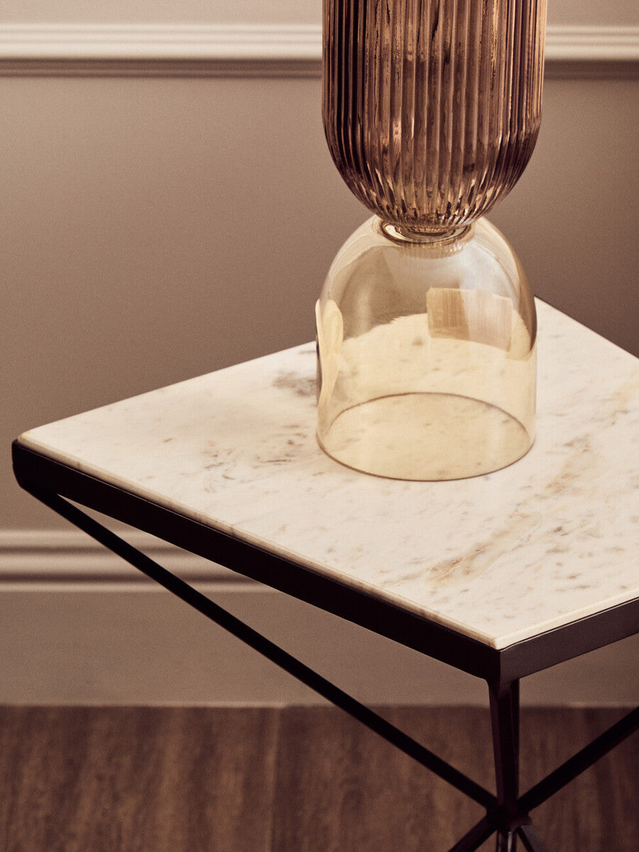 Natural Marble Top Trapezoid Side Table with Matte Black Iron Legs | Shalimar