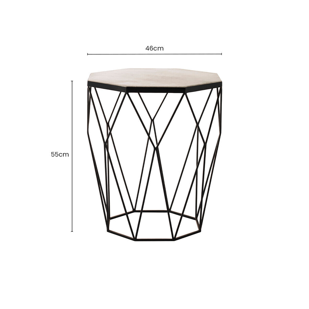 Natural White Octagon Marble Top and Matte Black Steel Legs Side Table | Shalimar