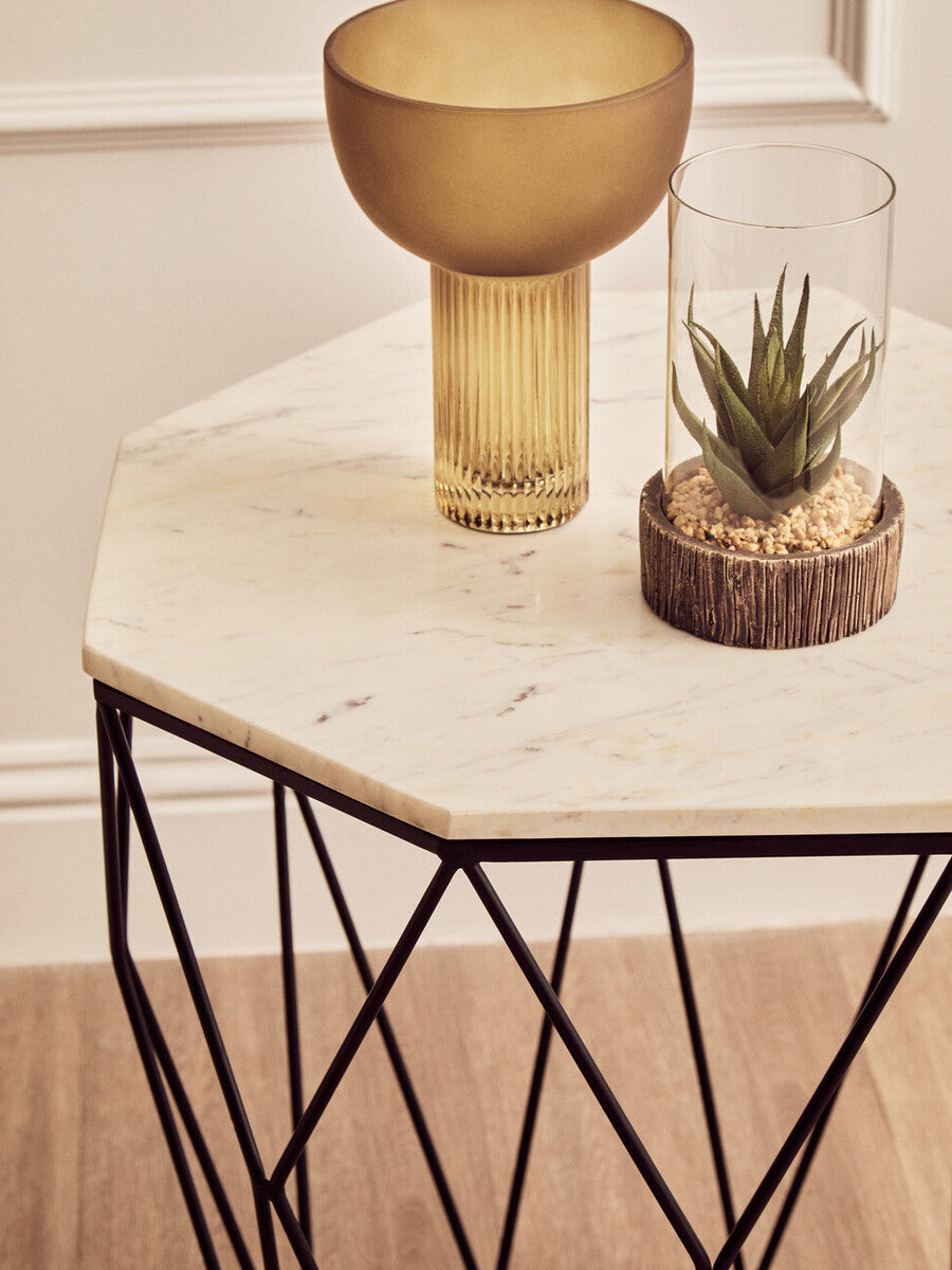 Natural White Octagon Marble Top and Matte Black Steel Legs Side Table | Shalimar