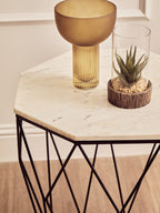 Natural White Octagon Marble Top and Matte Black Steel Legs Side Table | Shalimar