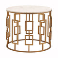 White Marble Top Side Table with Gold Finish Geometric Carousel Frame | Shalimar