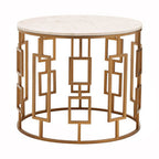White Marble Top Side Table with Gold Finish Geometric Carousel Frame | Shalimar