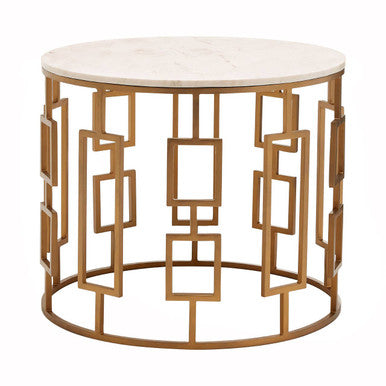 White Marble Top Side Table with Gold Finish Geometric Carousel Frame | Shalimar