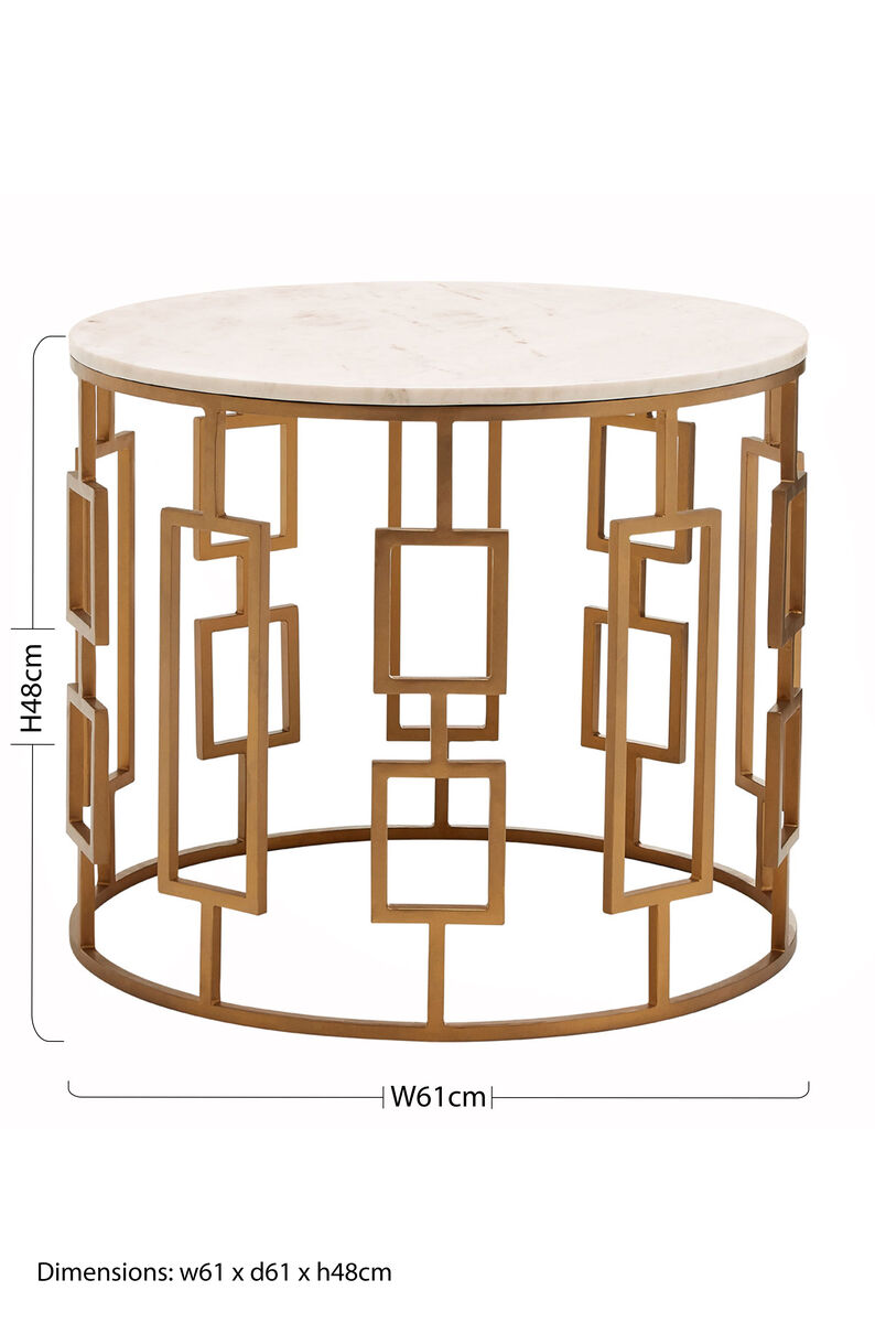 White Marble Top Side Table with Gold Finish Geometric Carousel Frame | Shalimar